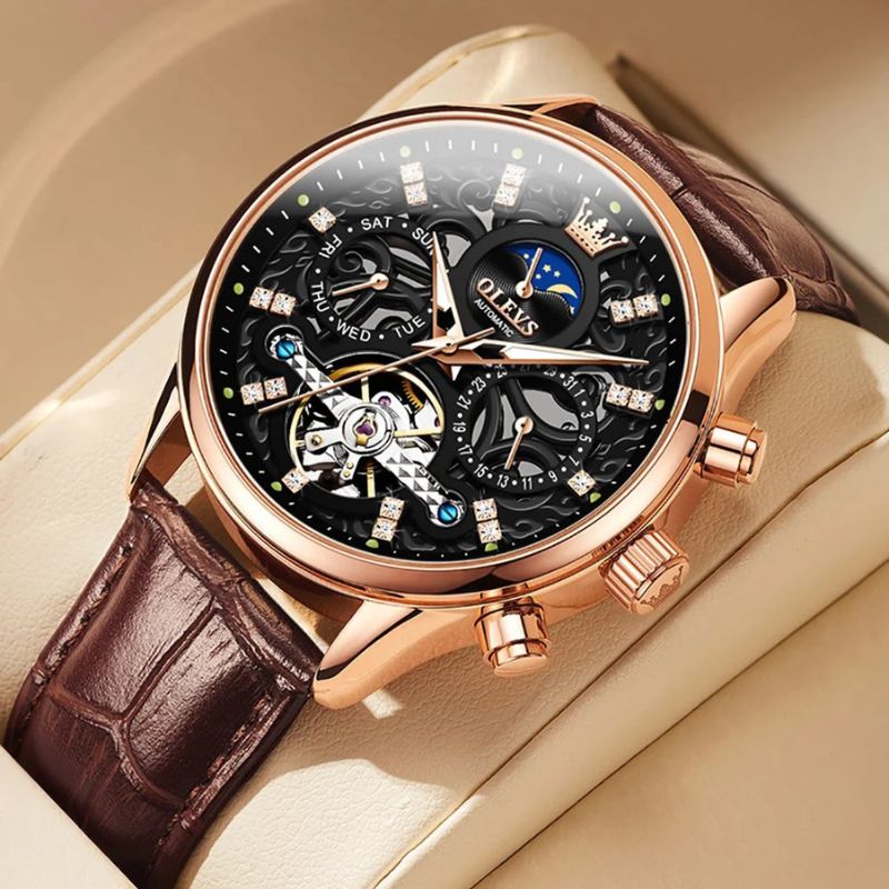 Mechanische Automatik-Uhr mit elegantem Lederarmband