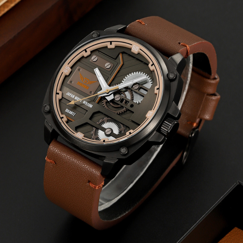 Herren Lederuhr mit Quarzwerk