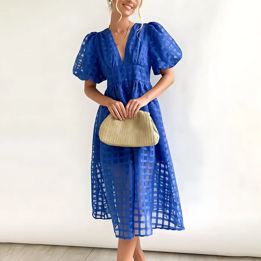 Mia™ - Klassisch gemustertes Midikleid mit Puffärmeln