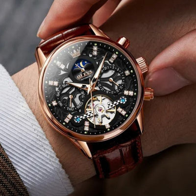 Mechanische Automatik-Uhr mit elegantem Lederarmband