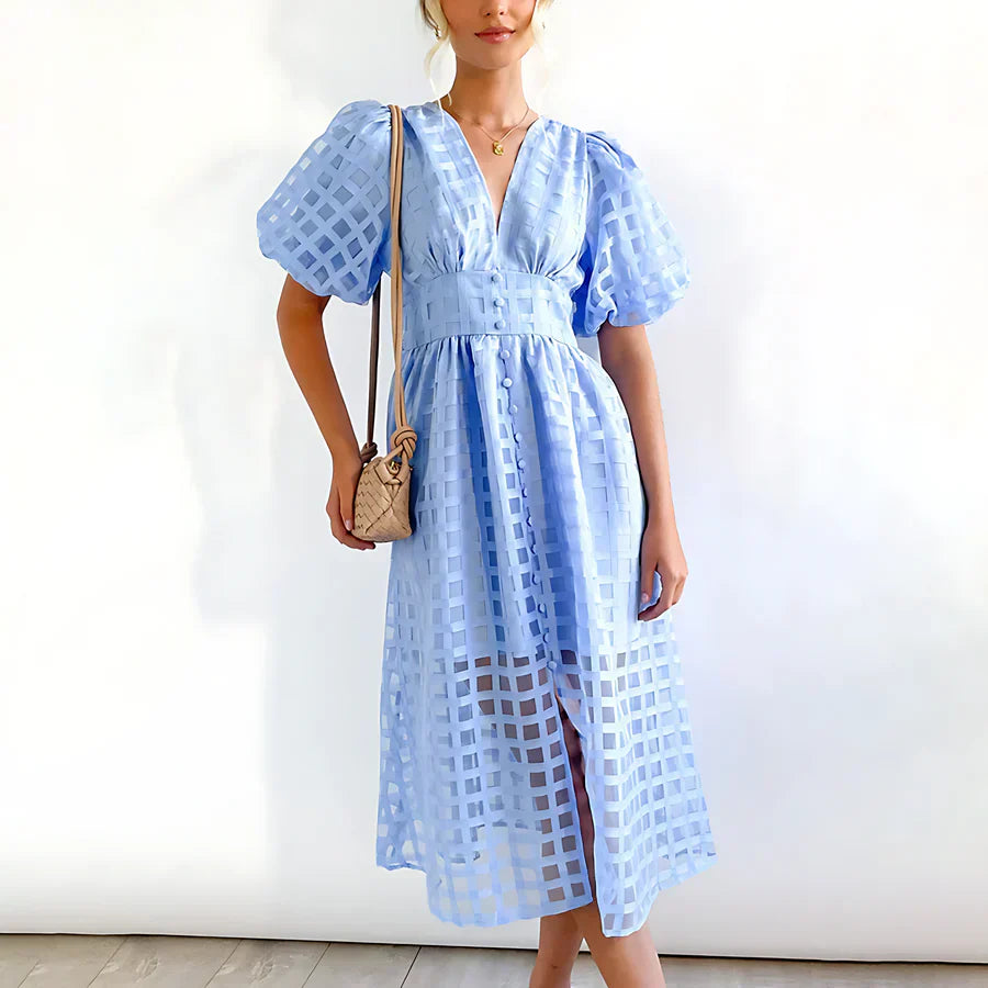 Mia™ - Klassisch gemustertes Midikleid mit Puffärmeln