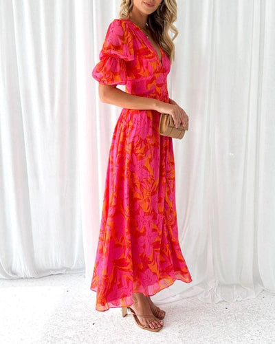 Jana™ - Elegantes Maxikleid mit Puffärmeln und V-Ausschnitt