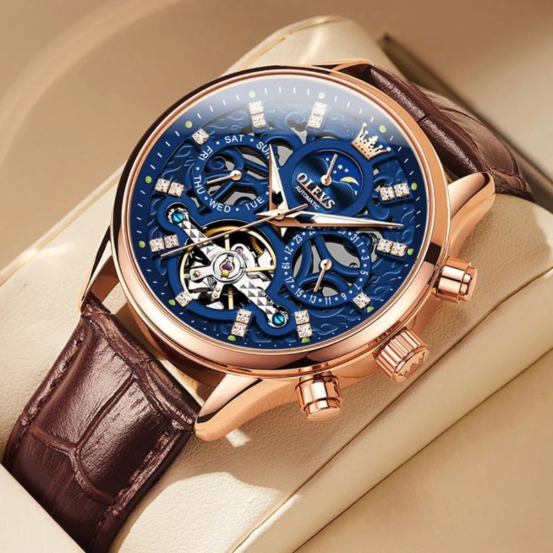 Mechanische Automatik-Uhr mit elegantem Lederarmband