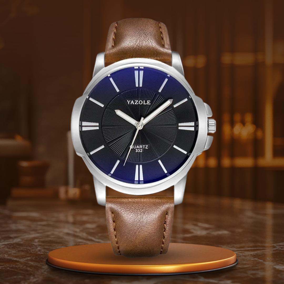 Luxuriöse Lederuhr mit blauem Glaszifferblatt