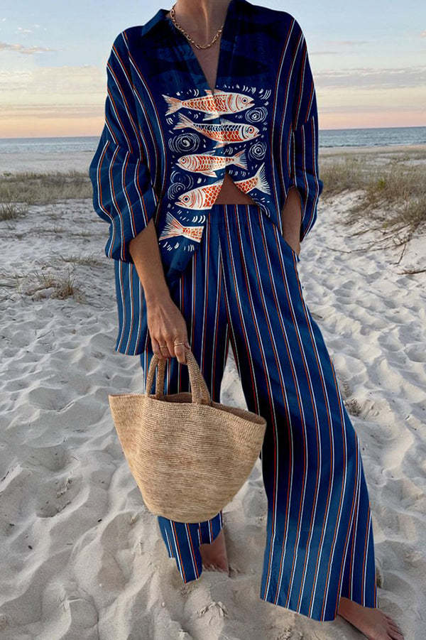 Zairine™ - Leinen-Set mit blauem Koi-Muster