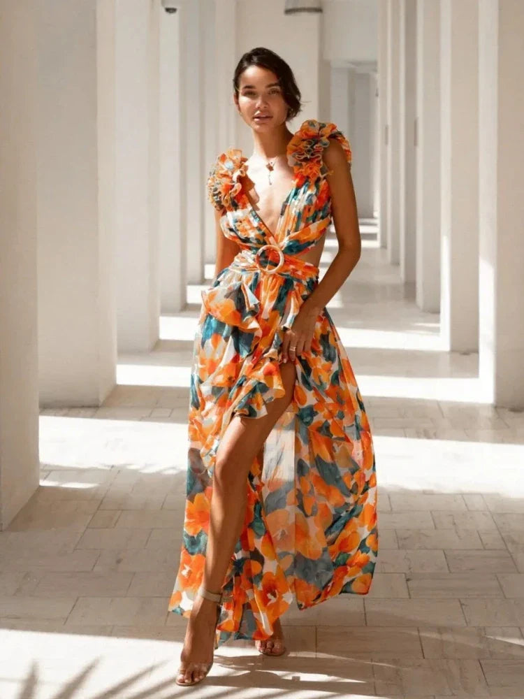Elif - Elegantes rückenfreies Maxikleid mit Rüschen