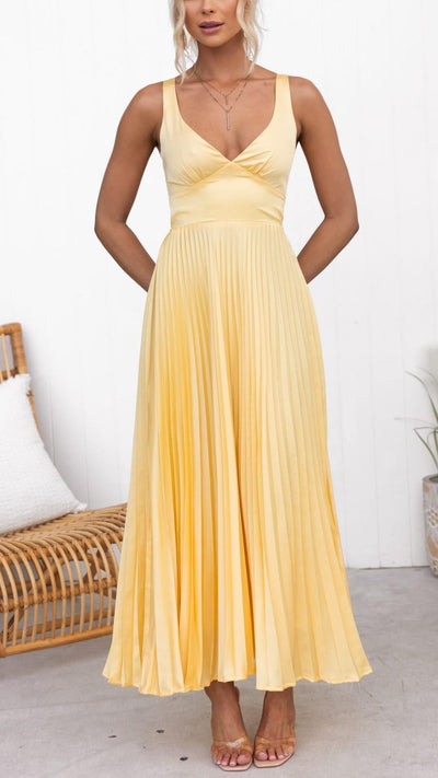 Aby™ - Gelbes Plissé V-Ausschnitt Maxikleid
