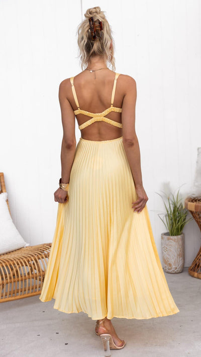 Aby™ - Gelbes Plissé V-Ausschnitt Maxikleid