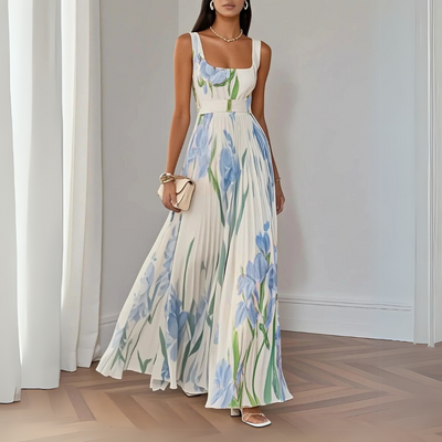 Clémentine - Langes plissiertes Kleid mit Blumenmuster