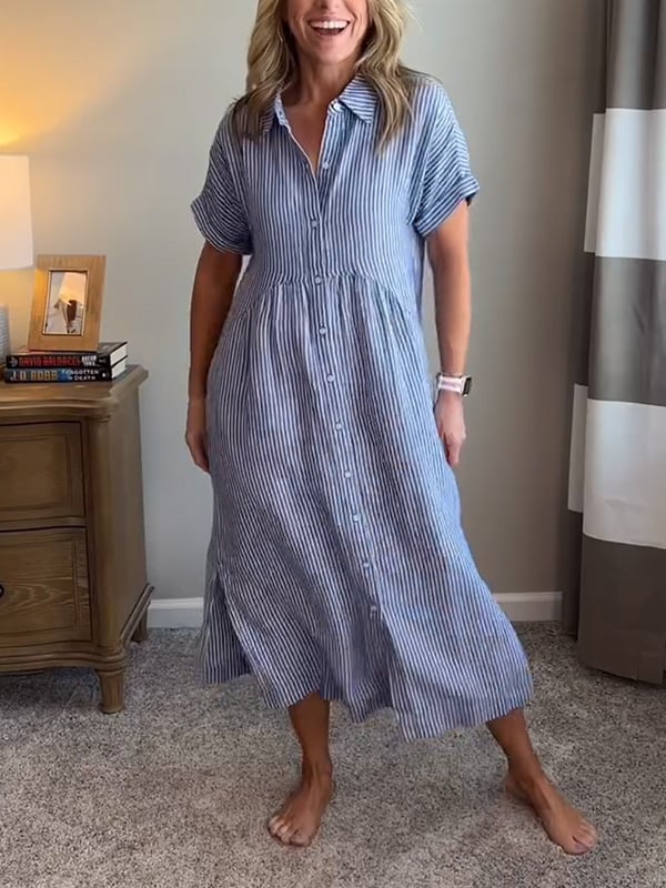 Amandine - Gestreiftes Hemdblusenkleid mit Revers und Knöpfen