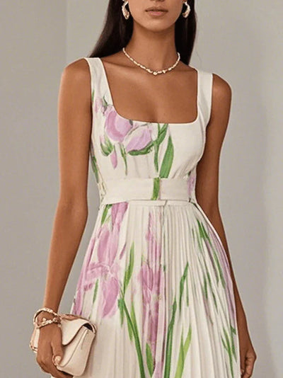 Clémentine - Langes plissiertes Kleid mit Blumenmuster