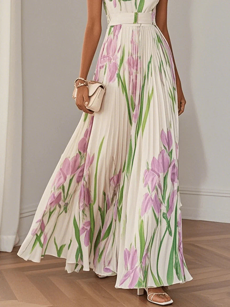 Clémentine - Langes plissiertes Kleid mit Blumenmuster