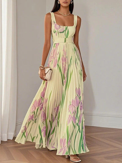 Clémentine - Langes plissiertes Kleid mit Blumenmuster