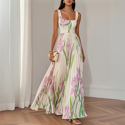Clémentine - Langes plissiertes Kleid mit Blumenmuster