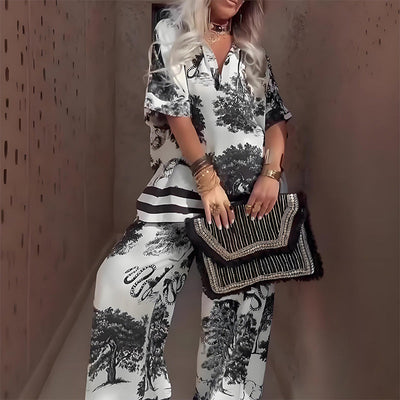 Bedrucktes Top mit V-Ausschnitt + Lange Hose – Eleganter und Leichter Stil für den Sommer